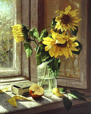 Sunflowers In A Vase On A Window Sill - Caydo