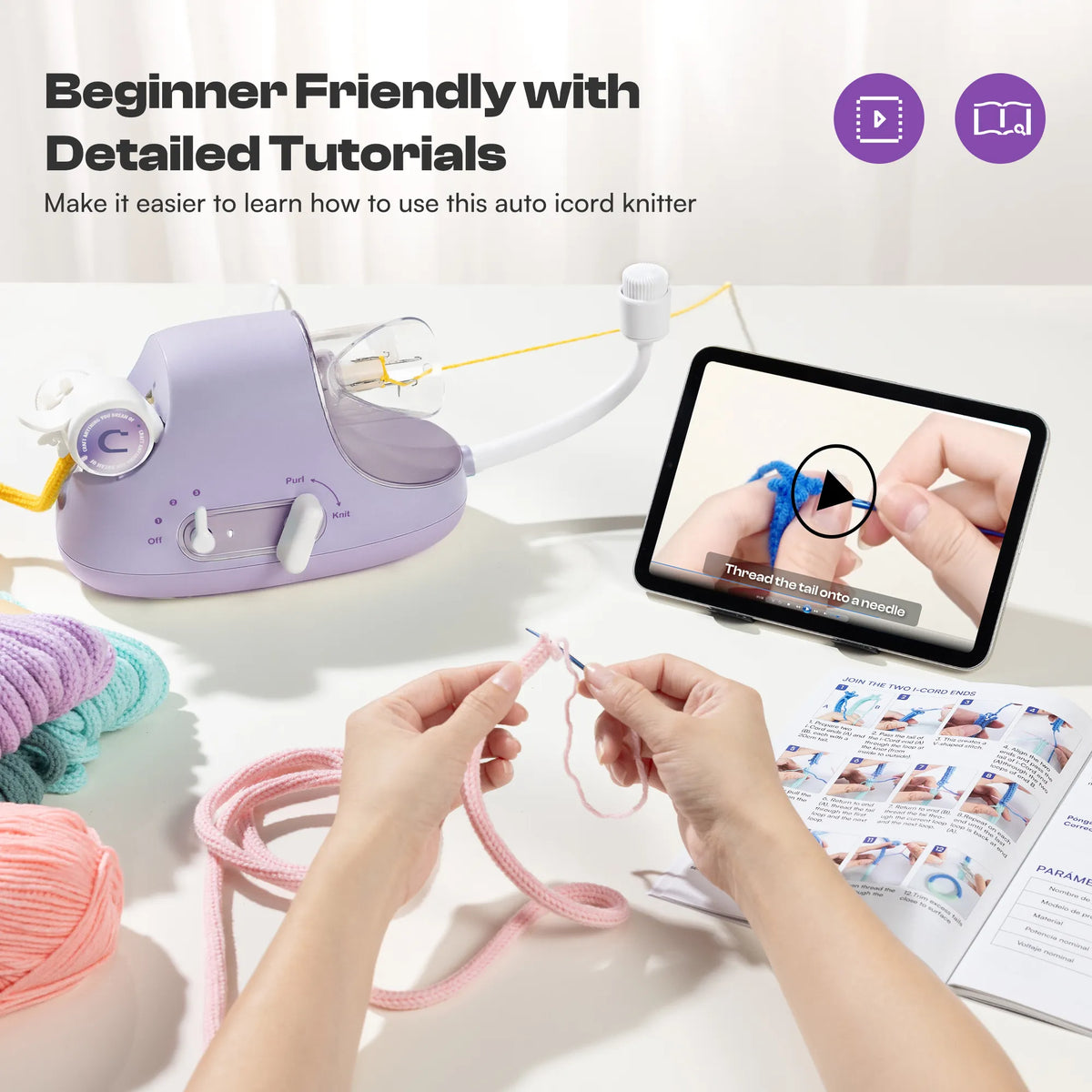Electric i-Cord Knitting Tricotin Machine i1 Pro Lavender Purple - Caydo