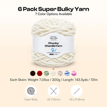 Caydo #6 Super Bulky Chenille Yarn 6-Pack in Ivory - Caydo